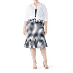 Jonathan Simkhai Gingham Knit Trumpet Skirt RTR Size 18 Navy White Feminine